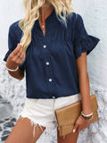 Womens Casual Pleated Button-Down Linen Shirt