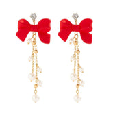 RED BOW EARRINGS WITH PEARL TASSELS_CWAJE1138