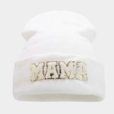 MAMA KNITTED HAT WITH EMBROIDERED LETTERS ON TOWEL_CWAH2080
