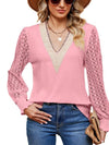 Cwtbll2401_V-Neck Lace Stitching Long-Sleeved Casual Top