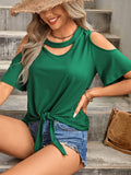 Solid-Color Round-Neck Hollowed-Out Knotted Top