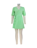 V-Neck Puffed Sleeve Cotton Linen Dress