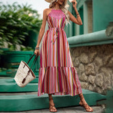 Striped Print Dress With Sleeveless Lace Halter