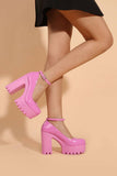 Women Pink Chunky Heeled Ankle Strap Round Pumps