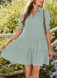 Womens V-Neck Colorblock Puff Sleeve Dress