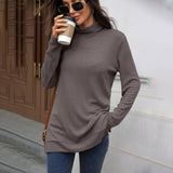 Solid-Color High-Neck Long-Sleeved Slit T-Shirt