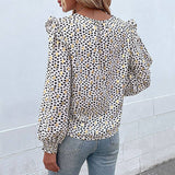Women Long Sleeve V-Neck Polka Dot Ruffled Shirt