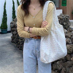 Cwab3907_Large Capacity Sakura Lace Canvas Shoulder Bag