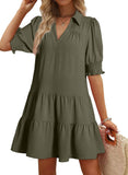 Womens V-Neck Colorblock Puff Sleeve Dress