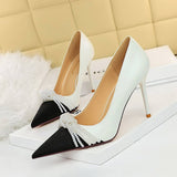 COLOR BLOCK POINTED TOE PEARL BOW HIGH HEELS_CWSHH0099