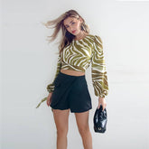 Womens Short Back Lace-Up Print Long-Sleeved Top