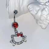 CUTE CAT CZ BELLY BUTTON RING WITH COLOR GEMS_CWMM9235
