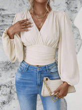 Waistband V-Neck Sleeved Ruffled Long-Sleeved Top