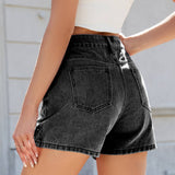 Washed Design With Beaded Slimming Denim Shorts