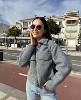 Solid Color Lapel Zip-Up Cropped Jacket