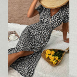 V Neck Floral Split Button Dress_Cwdmd1520