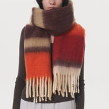 Women Contrasting Striped Fringed Plaid Scarf