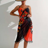 MULTI WAY BUTTERFLY PRINT TASSEL BEACH CAPE DRESS_CWBLS0489