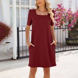 Solid Color Dress With Square Neck Pocket