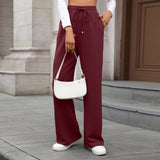 Solid Color Stretch Waist Loose Straight Pants