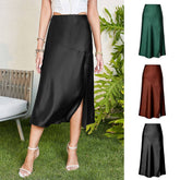 HIGH WAIST SATIN SKIRT SOLID COLOR SLIT LONG SKIRT_CWBSS0400