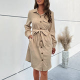 Solid Color Lace-Up Waistline Casual Shirt Dress