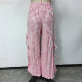 Stretched-Waist Checkered Printed Tie Long Pants