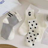 Women'S New White Striped Polka Dot Mid-Calf Socks_Cwms1350