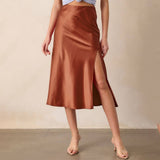 SATIN SKIRT HIGH WAIST ELASTIC SLANTED LONG SKIRT_CWBSS0387