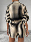 Striped Lapel Belted Shorts Short Sleeved Onesie