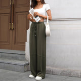 Stretch Waist Drawstring Pocket Wide Leg Pants