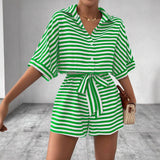 Striped Lapel Belted Shorts Short Sleeved Onesie