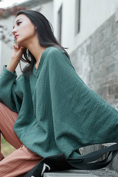 Cwtbll2463_Cotton And Linen Pullover V-Neck Bat T-Shirt