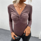 Solid Color V-Neck Long Sleeve Base Jumpsuit