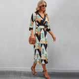 V-Neck Lapel Lace-Up Slim-Fit Long-Sleeved Dress