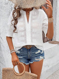 Womens V-Neck Puff Sleeve Lace Pom-Pom T-Shirt