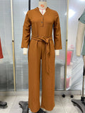 Solid-Color High-Waisted Long-Sleeved Jumpsuit
