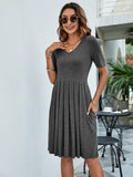 Solid Color V-Neck Basic Pleated Casual Dress