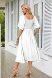 V-Neck Bow Pleated Mid-Length Short-Sleeved Dress