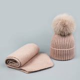Winter Knit Hat Scarf Set With Fox Fur Pom Beanie_Cwah05044