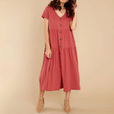 V-Neck Single-Breasted Pleated Loose Long Dress