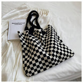 Cwab1950_Plaid Pattern Knitted Tote Bag