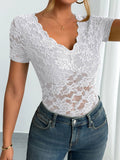 Solid-Color Lace V-Neck Short Sleeve Lace T-Shirt