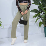 Solid Color Tie Waist High Rise Slim Fit Pants
