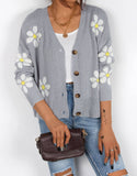 V-Neck Floral Single-Breasted Knit Cardigan
