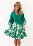V-Neck Print Flared Sleeves Loose Short Dress