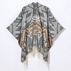 GEOMETRIC WAVE TASSEL SLIT SHAWL_CWASC0954
