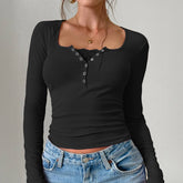 Y2K Slim Trim Lace Button U Neck Ribbed Top