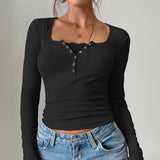 Y2K Slim Trim Lace Button U Neck Ribbed Top