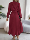 Standing Collar Long Sleeve Pleated Long Dress